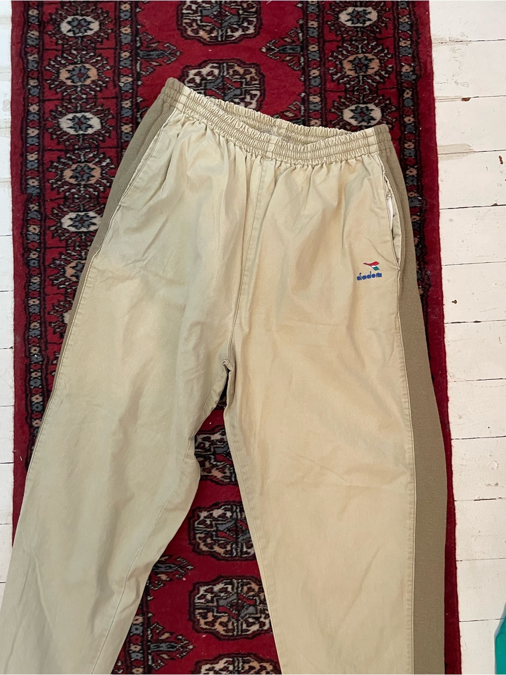 Diadora Cream Track Pants with Tan Center Stripe and Blue Logo